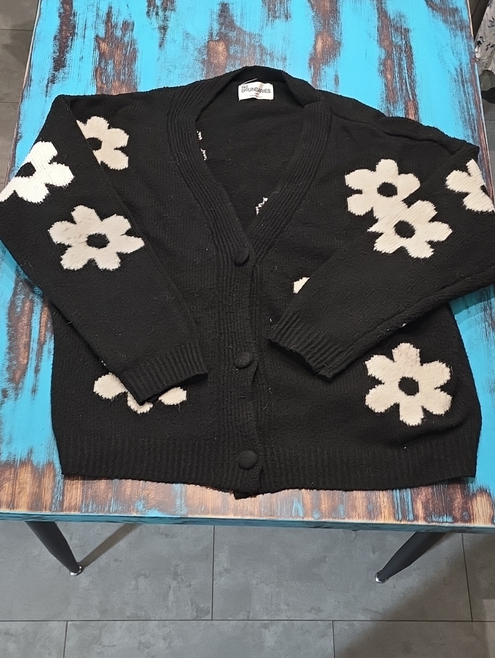 No Boundaries Black Cardigan with Cream Floral Accents